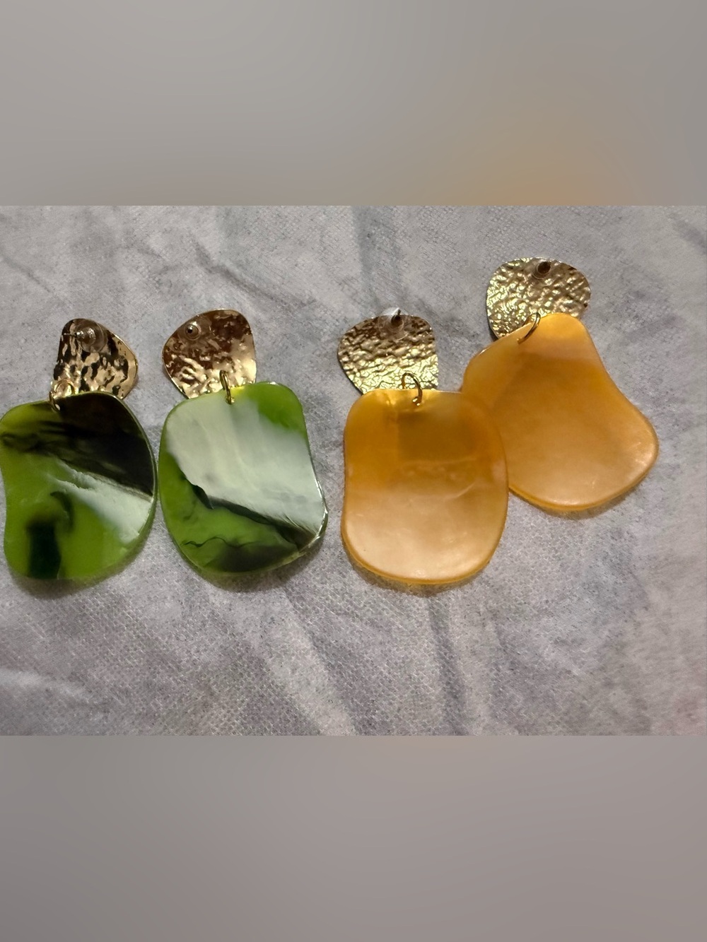 Gold-Top Green and Amber Resin Drop Earrings